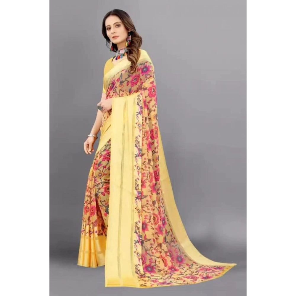 Yellow satin patta printed saree with unstitched blouse, vibrant Indian traditional wear