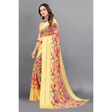 Yellow satin patta printed saree with unstitched blouse, vibrant Indian traditional wear
