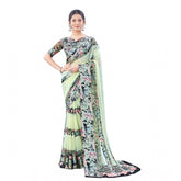 Cream satin patta printed saree with unstitched blouse - traditional Indian women's wear, vibrant pattern