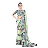 Cream satin patta printed saree with unstitched blouse, vibrant Indian traditional wear for women