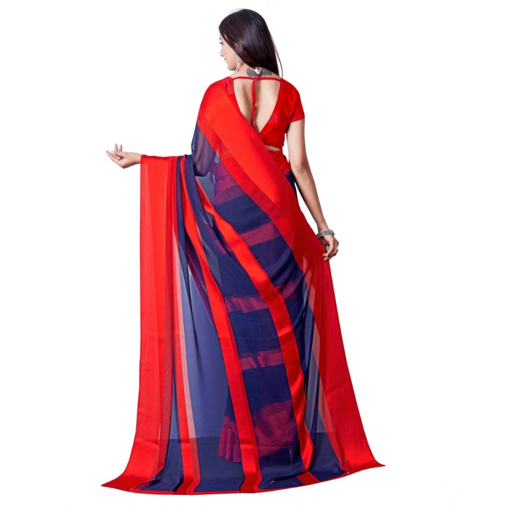Red satin patta printed saree with unstitched blouse, authentic Indian women's attire on display
