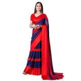 Red satin patta printed saree with unstitched blouse, elegant traditional Indian attire for women
