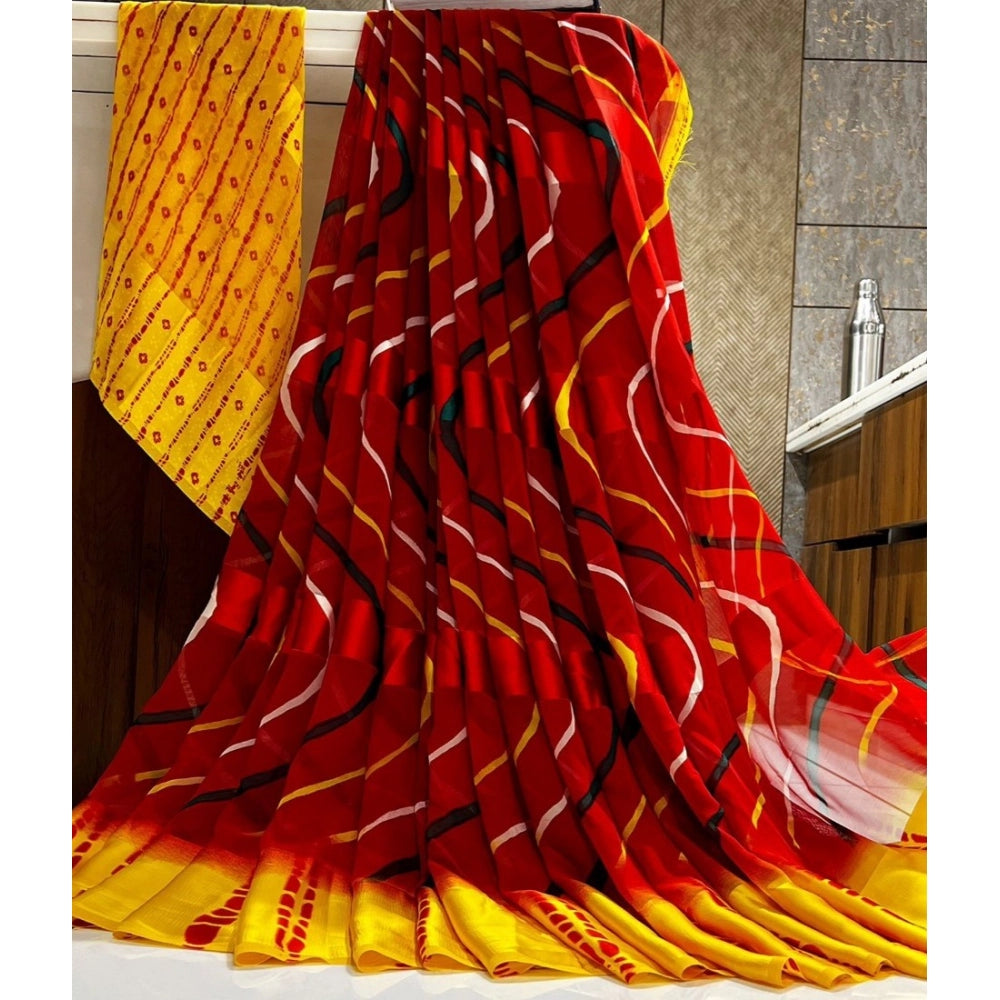 Yellow satin patta printed saree with unstitched blouse for women