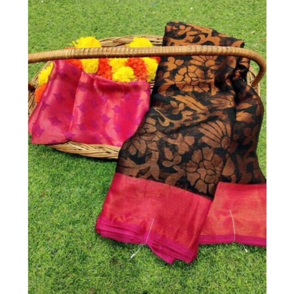 Black pink viscose rayon printed saree with unstitched blouse for women on mannequin