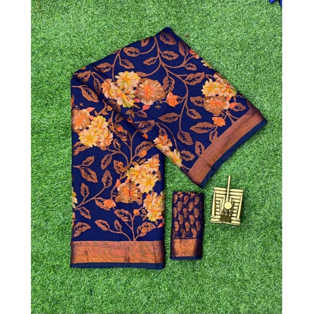 Navyblue viscose rayon printed saree with unstitched blouse on mannequin