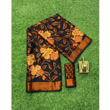 Black viscose rayon printed saree with unstitched blouse for women, intricate design on a vibrant backdrop
