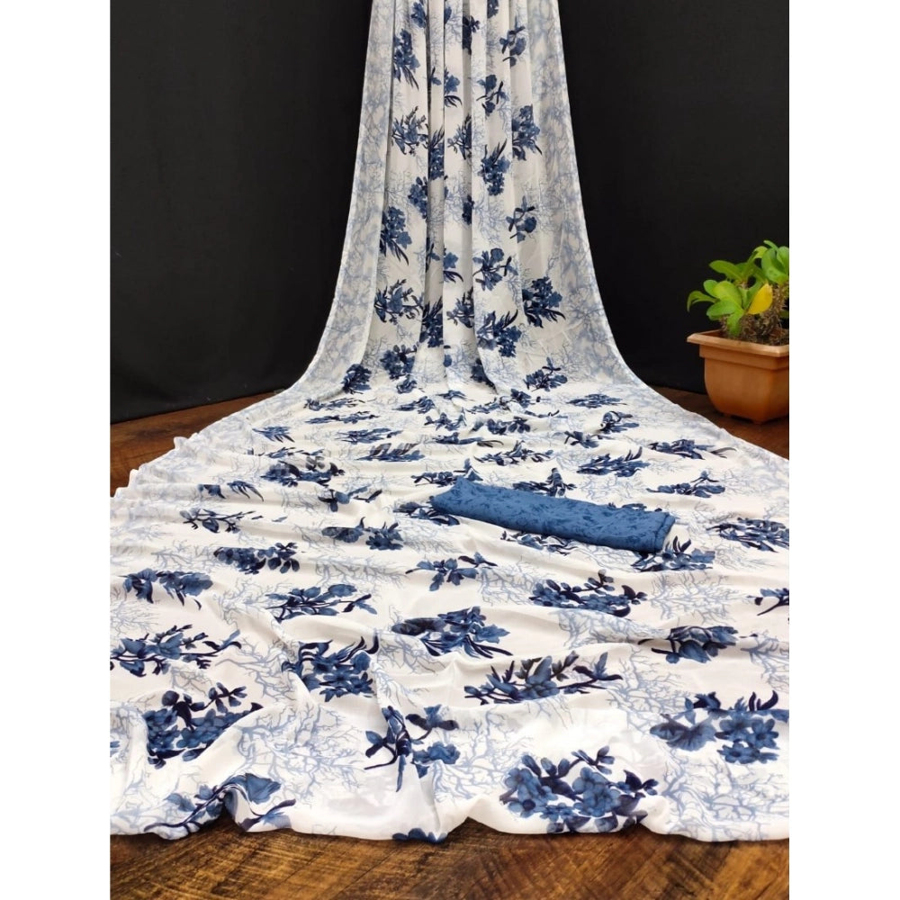 Blue georgette printed saree with unstitched blouse for women, vibrant print on display