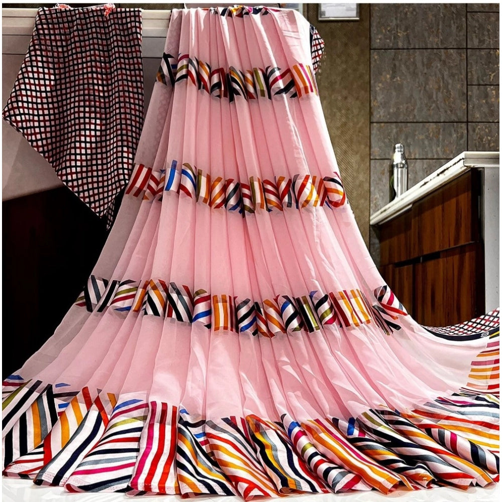 Pink satin patta printed saree with unstitched blouse - vibrant traditional Indian women's wear