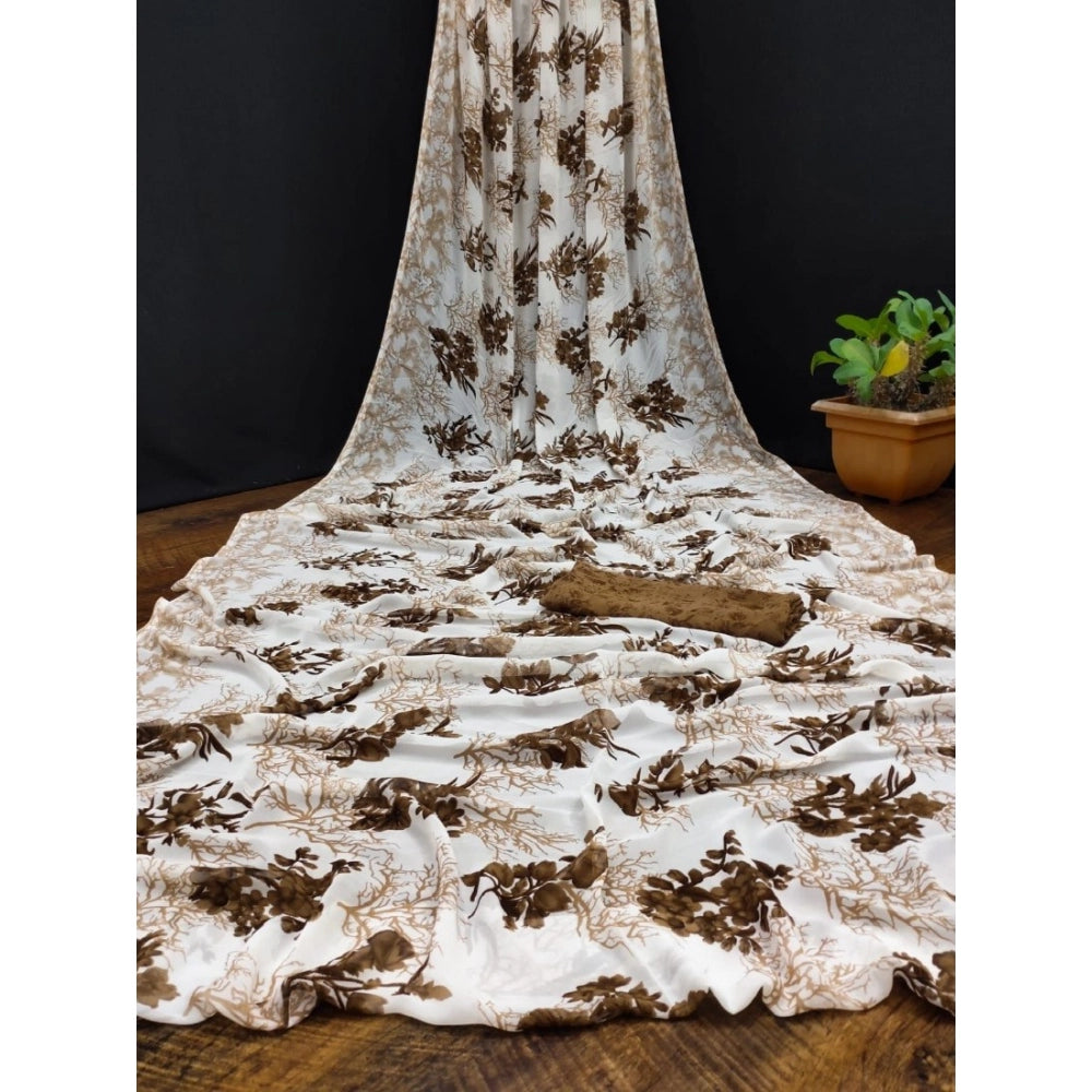 Coffee Georgette printed saree with unstitched blouse - traditional women's Indian fashion