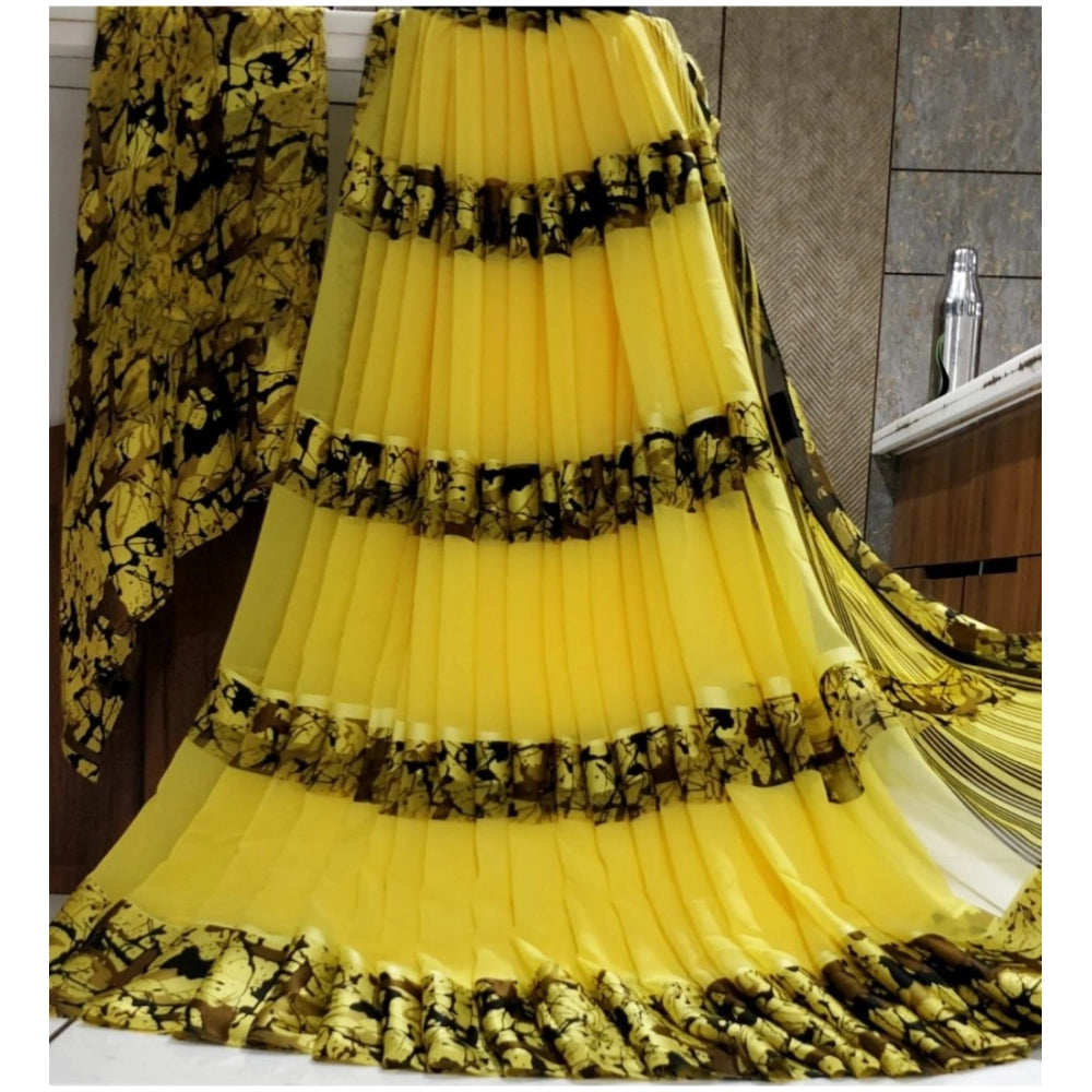 Yellow satin patta printed saree with unstitched blouse for women