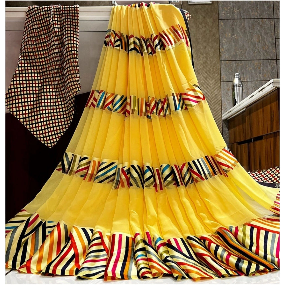 Yellow satin patta printed saree with unstitched blouse - vibrant Indian women's traditional wear