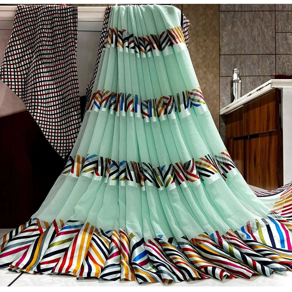 Skyblue satin patta printed saree with unstitched blouse, vibrant Indian traditional wear for women