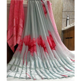 Grey satin patta printed saree with unstitched blouse - traditional Indian women's fashion accessory