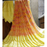 Yellow satin patta printed saree with unstitched blouse for women's traditional Indian wear