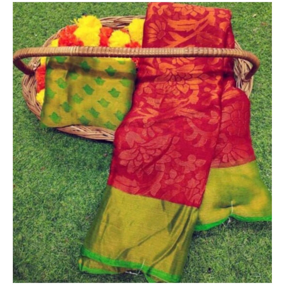 Pink viscose rayon printed saree with unstitched blouse for women, intricate pattern design on display