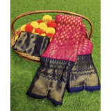 Pink viscose rayon printed saree with unstitched blouse for women
