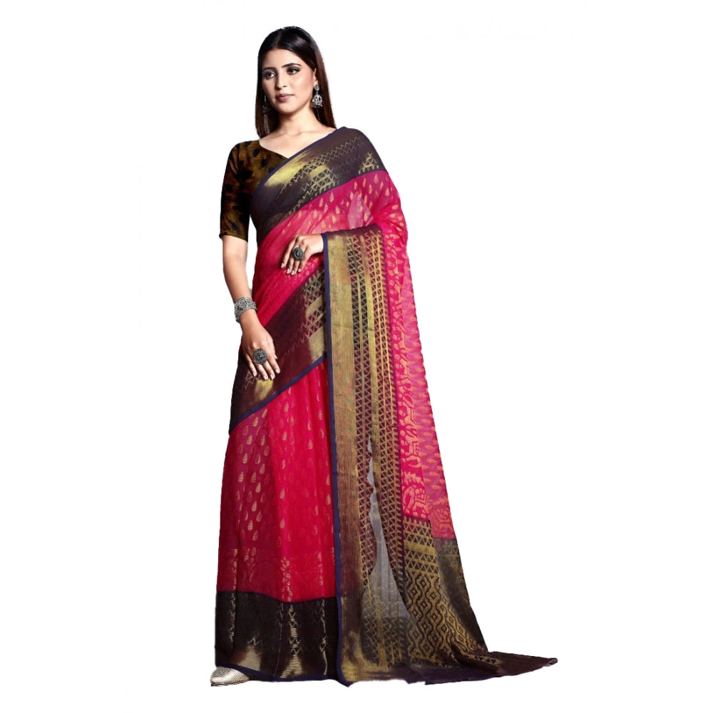 Pink viscose rayon printed saree with unstitched blouse for women, vibrant color and intricate patterns