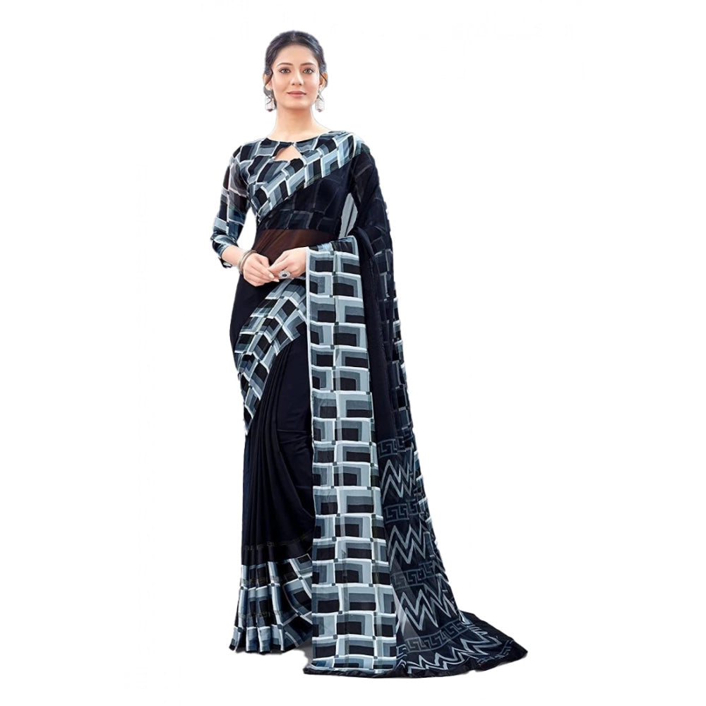 Black satin patta printed saree with unstitched blouse, women's traditional Indian wear for festive occasions