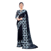 Black satin patta printed saree with unstitched blouse, women's traditional Indian wear for festive occasions
