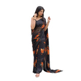 Orange satin patta printed saree with unstitched blouse, women's traditional Indian wear for special occasions