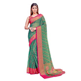 Rama colored viscose rayon printed saree with unstitched blouse, vibrant Indian women's wear accessory