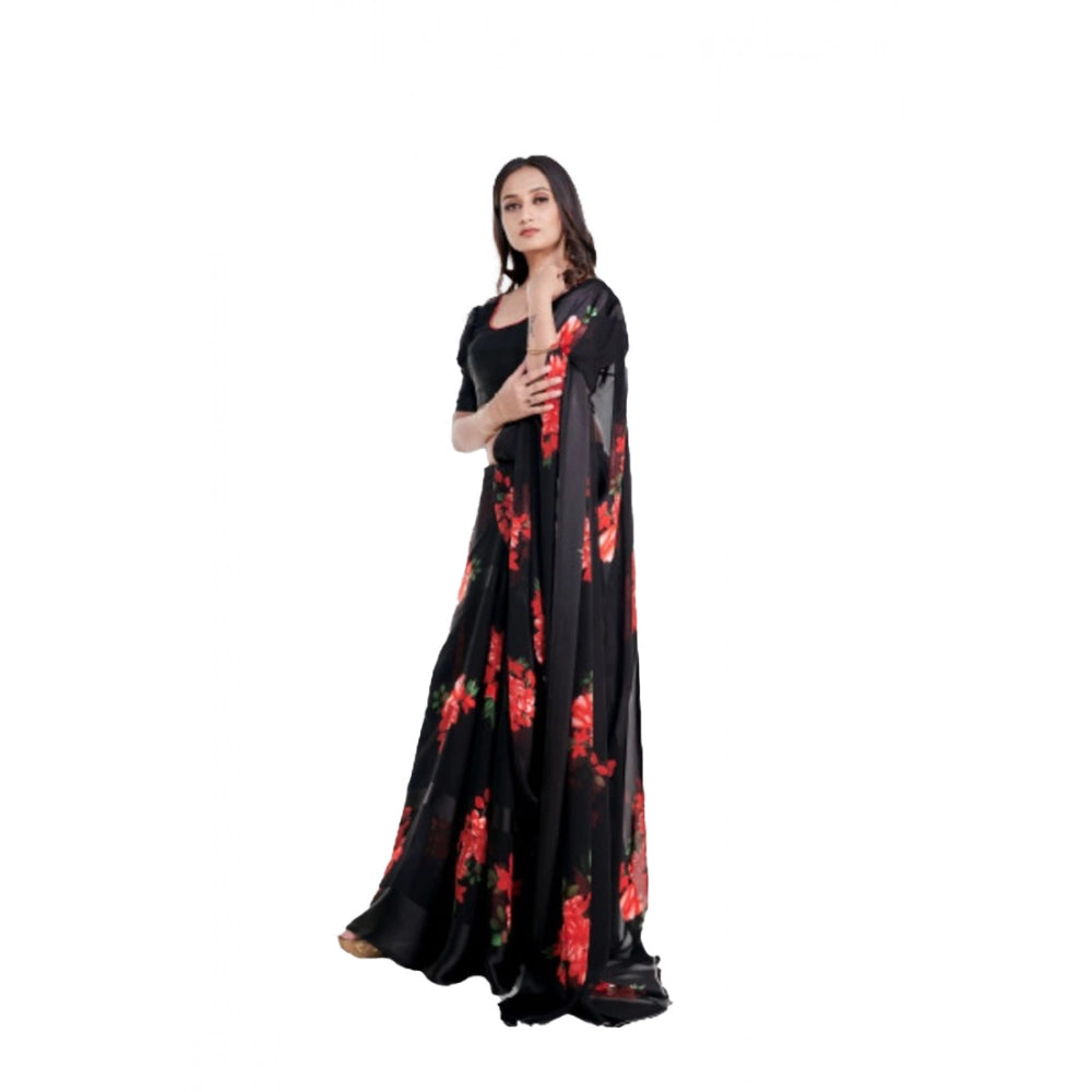 Red satin patta printed saree with unstitched blouse, traditional Indian women's wear for festive occasions