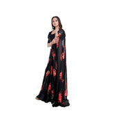 Red satin patta printed saree with unstitched blouse, traditional Indian women's wear for festive occasions