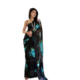 Blue satin patta printed saree with unstitched blouse - vibrant, elegant women's traditional wear