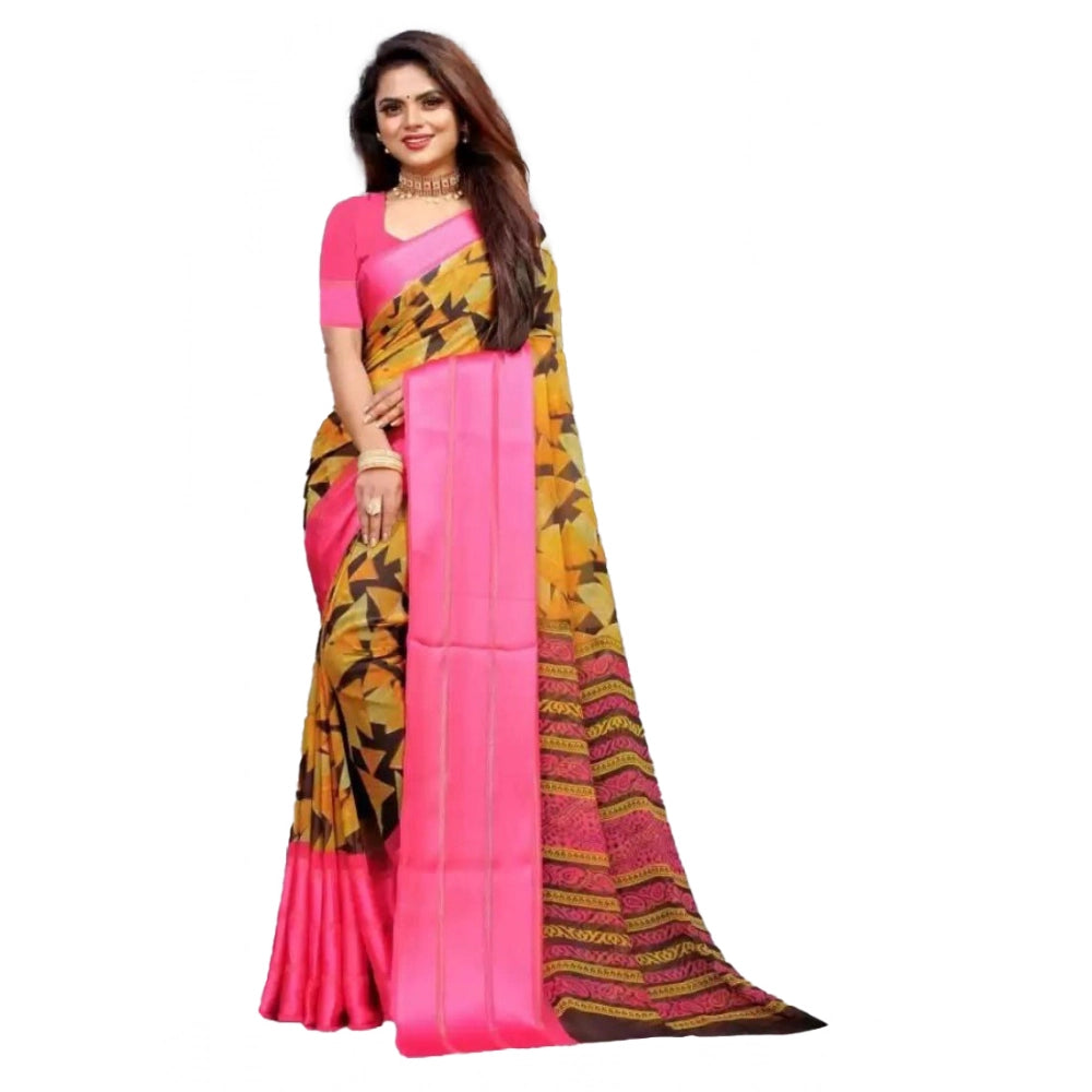 Pink satin patta printed saree with unstitched blouse for women, vibrant Indian traditional wear on mannequin