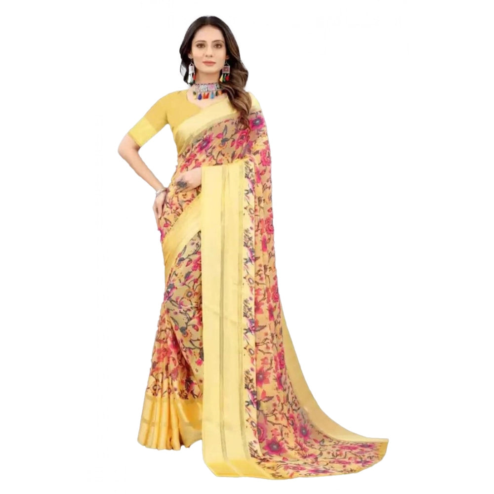 Yellow satin patta printed saree with unstitched blouse, high-quality women's traditional Indian wear