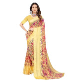 Yellow satin patta printed saree with unstitched blouse, high-quality women's traditional Indian wear