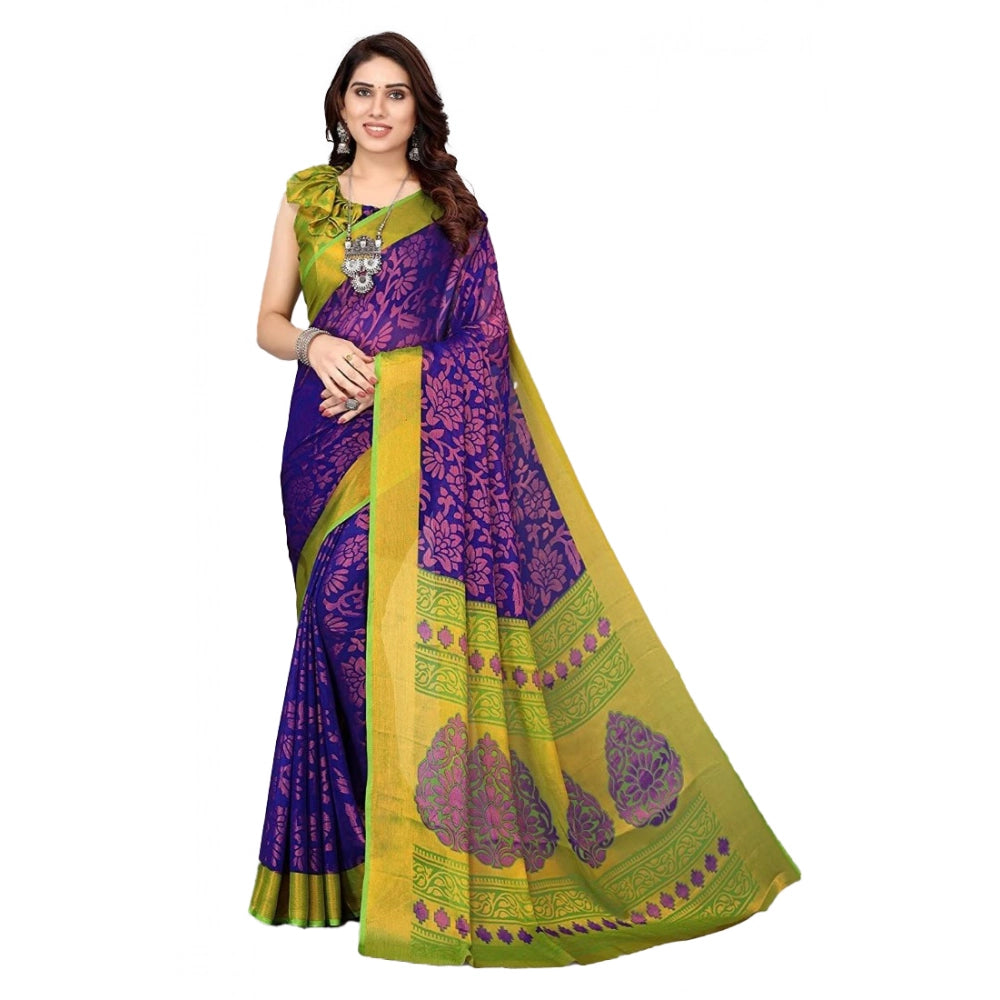 Blue viscose rayon printed saree with unstitched blouse for women, vibrant pattern on display stand
