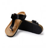 Black cork unisex adjustable buckle strap flip flops, eco-friendly footwear for all