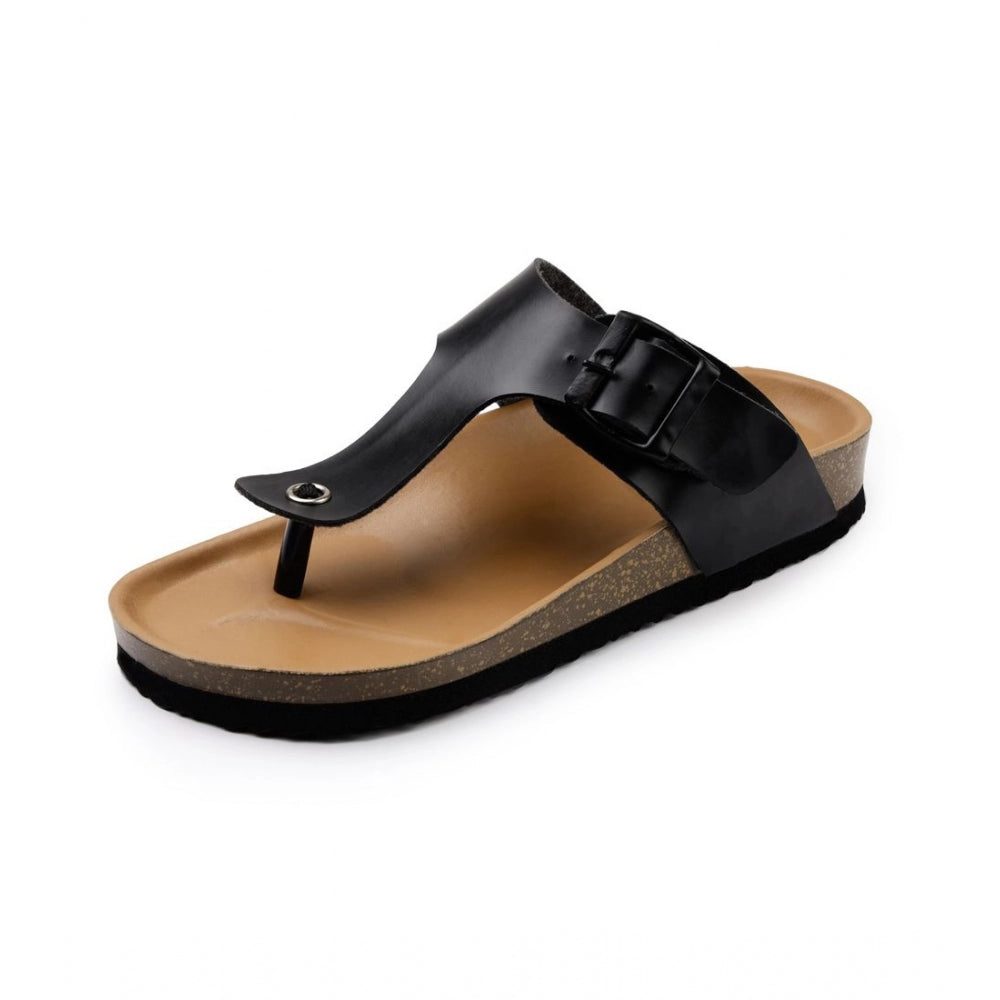 Black cork unisex adjustable buckle straps flip flops, eco-friendly footwear for men and women on display