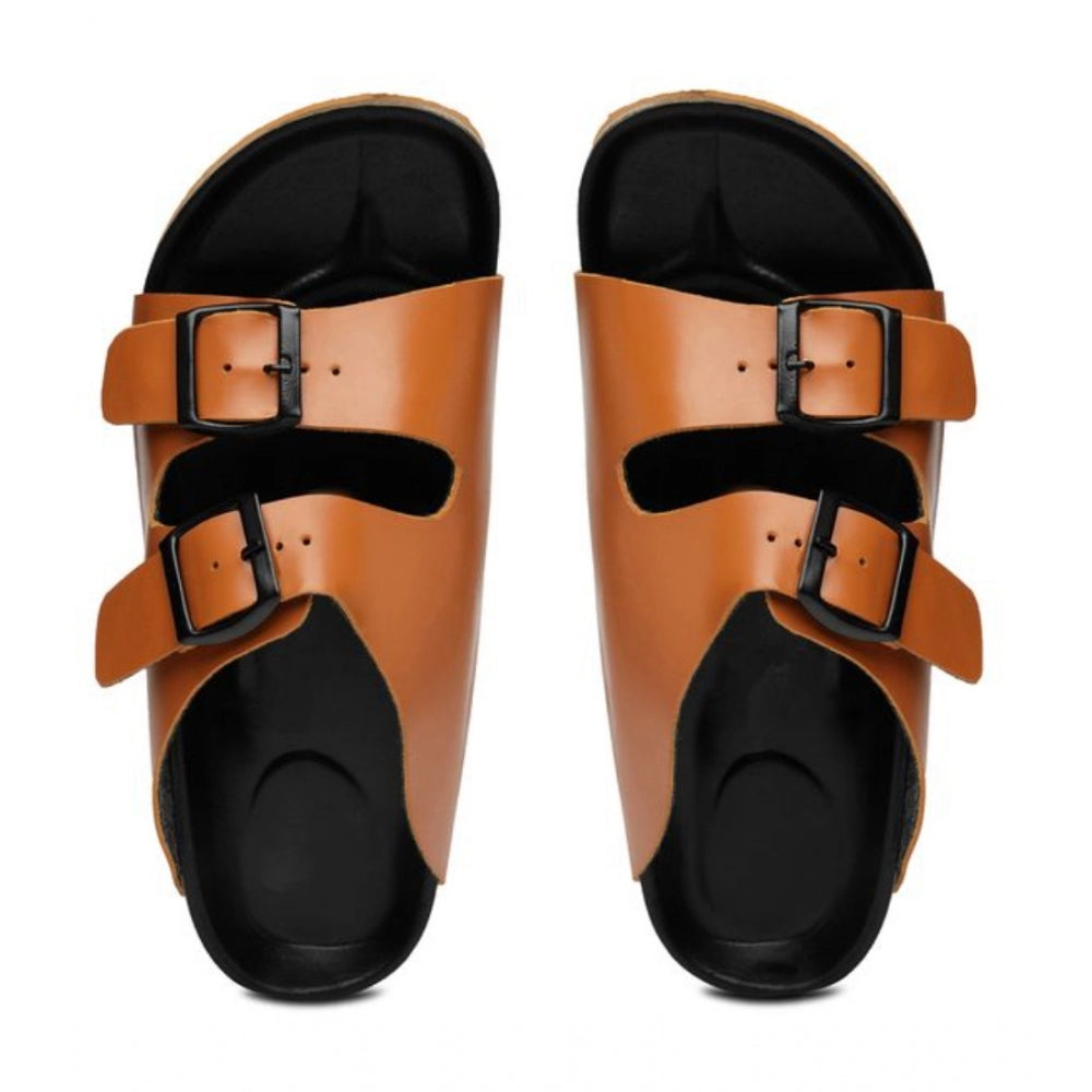 Tan cork unisex flip flops - comfortable, trendy, buckle closure sandals for casual wear