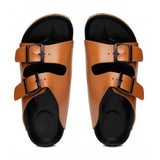 Tan cork unisex flip flops - comfortable, trendy, buckle closure sandals for casual wear