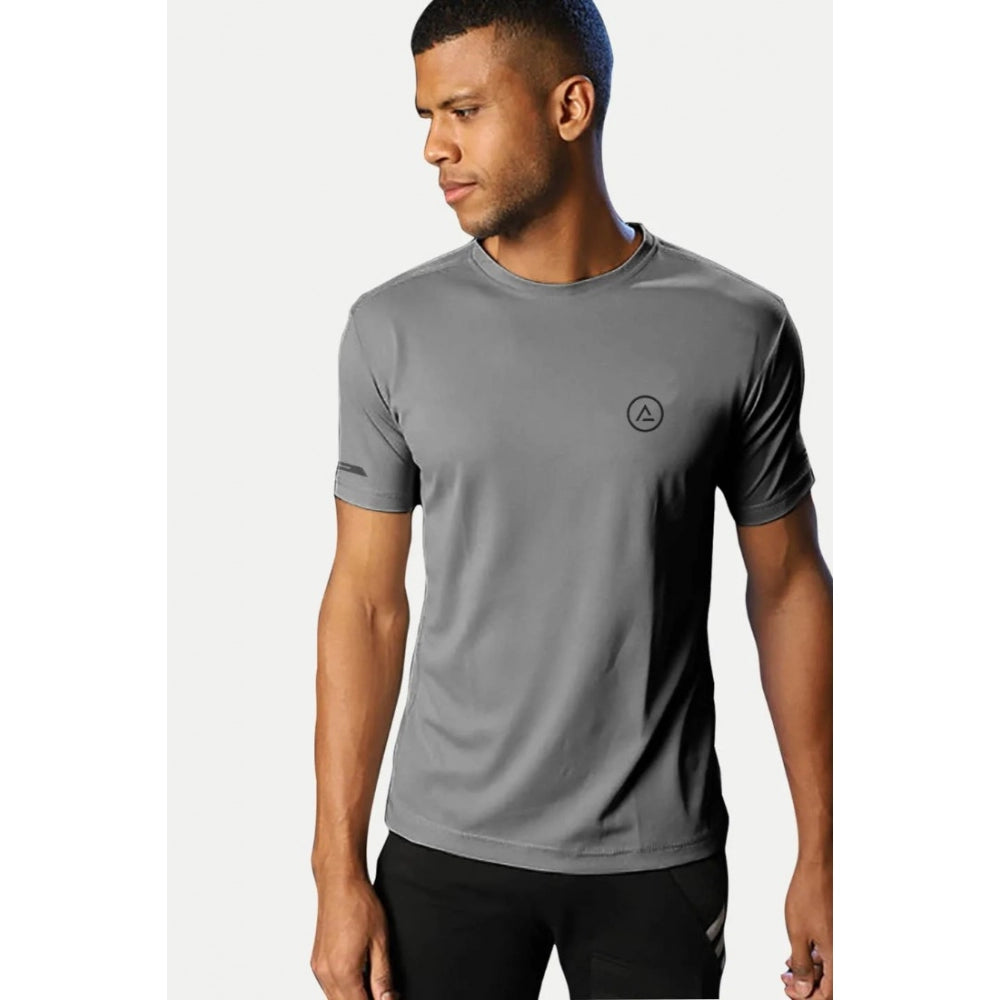 Grey polyester men's casual half sleeve solid crew neck T-shirt for everyday wear