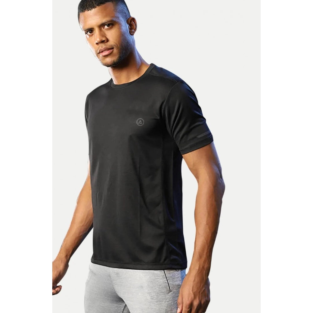 Black polyester men's casual half sleeve solid crew neck t-shirt with regular fit, modeled on a mannequin