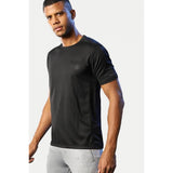 Black polyester men's casual half sleeve solid crew neck t-shirt with regular fit, modeled on a mannequin