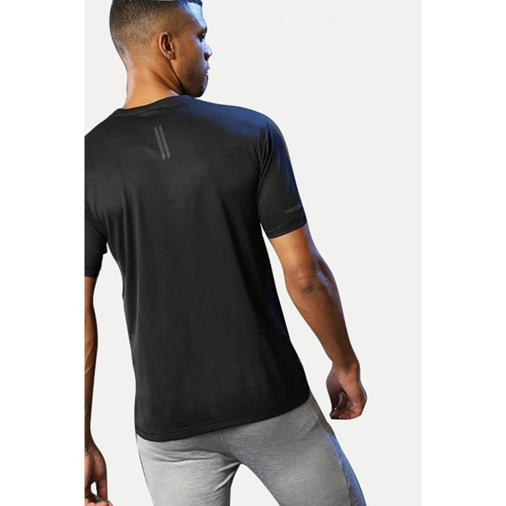 Black polyester men's casual half sleeve solid crew neck t-shirt, regular fit