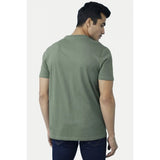 Green cotton men's casual half sleeve solid V-neck t-shirt on model, regular fit
