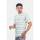 White cotton men's casual half-sleeve stripped crew neck T-shirt with regular fit, striped pattern on sleeves and chest