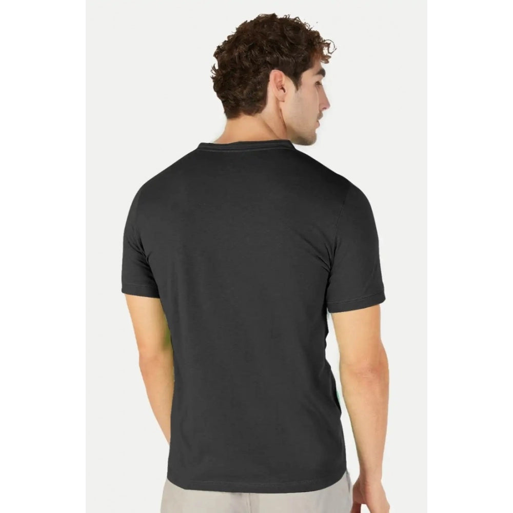 Black cotton men's half-sleeve Henley neck T-shirt - solid, regular fit casual wear