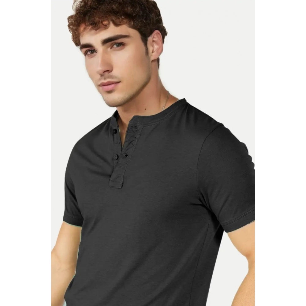 Black cotton half-sleeve men's Henley T-shirt with solid design