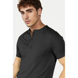 Black cotton half-sleeve men's Henley T-shirt with solid design