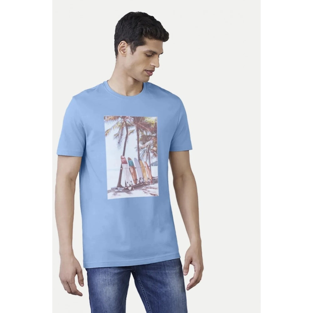 Sky Blue digital printed cotton half-sleeve crew neck T-shirt for men, regular fit