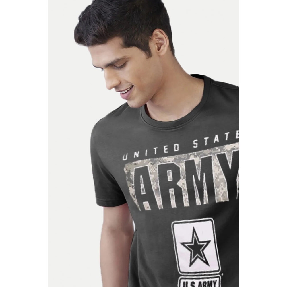 Dark grey printed men's casual half sleeve round neck cotton T-shirt with vibrant design