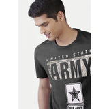 Dark grey printed men's casual half sleeve round neck cotton T-shirt with vibrant design
