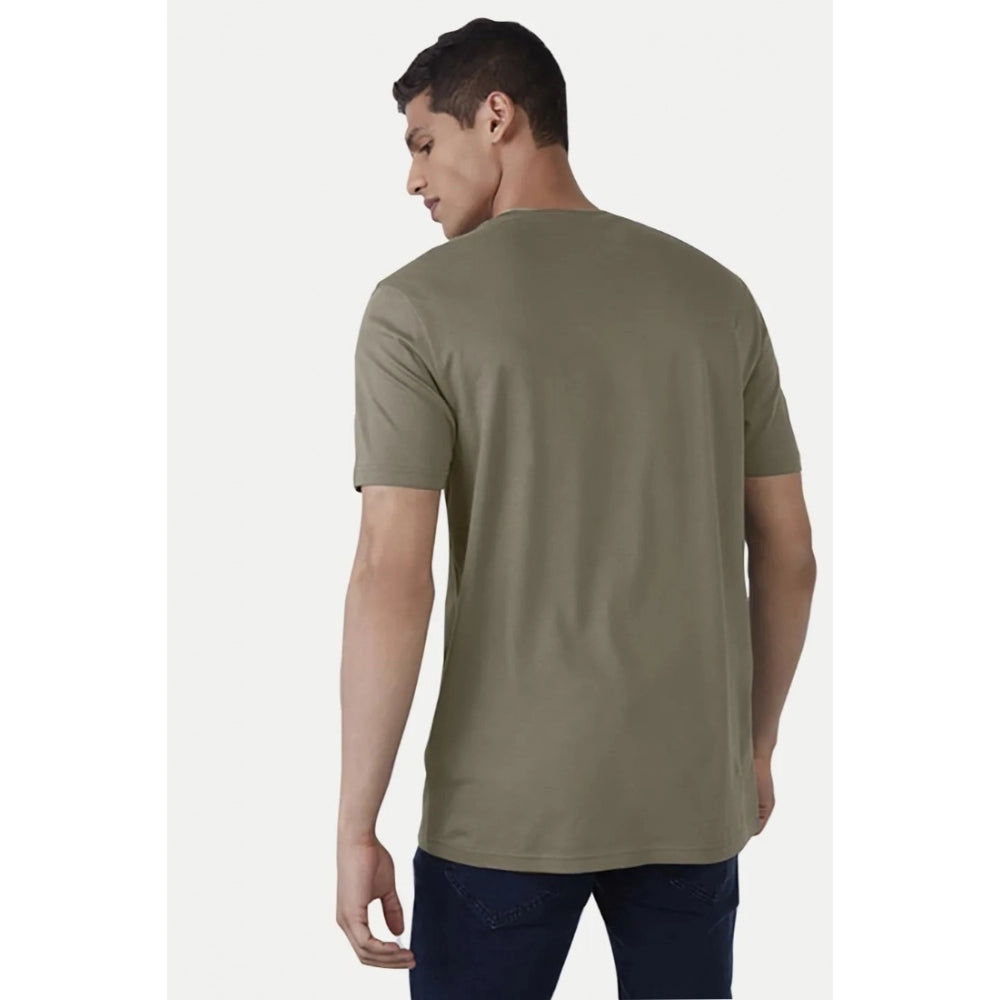 Olive cotton half sleeve printed crew neck men's casual t-shirt with typographic design