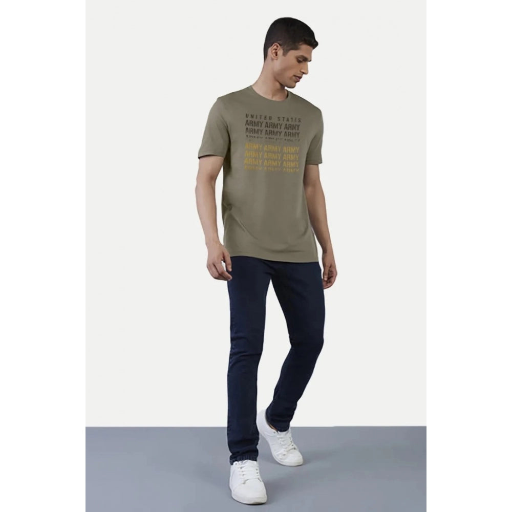 Olive cotton half sleeve printed men's casual crew neck t-shirt with typographic design